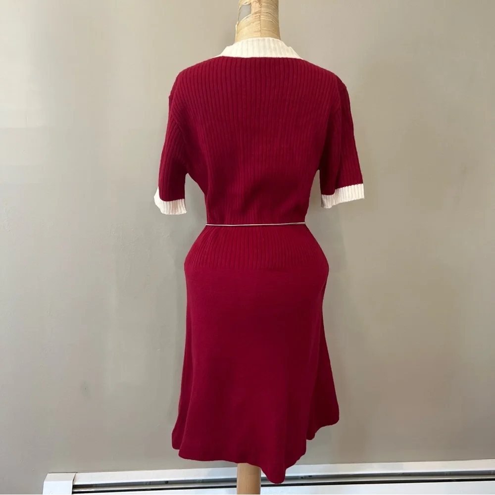 Vintage 70s Wool Blend Knit Shift Dress Sz 8 Burgundy Ivory Stretch Belt Silver - Picture 5 of 14